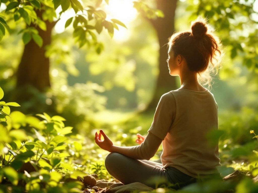 Persoană meditând în natură, înconjurată de verdeață.