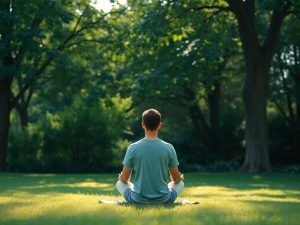 Persoană meditând într-un mediu natural relaxant.