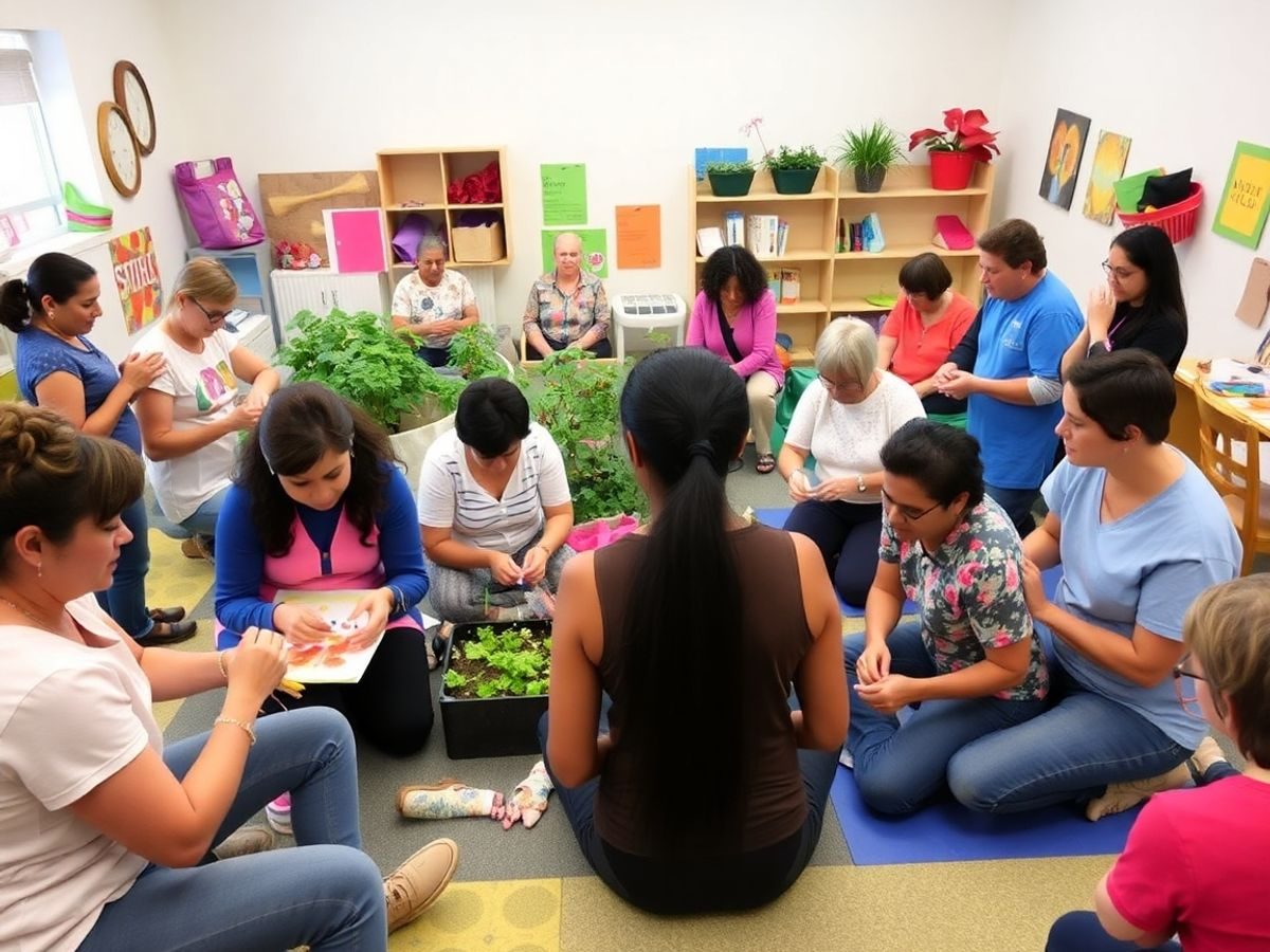 Grup de persoane participând la terapie ocupațională.