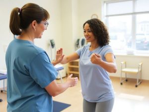 terapeut fizic cu pacient in sala de recuperare