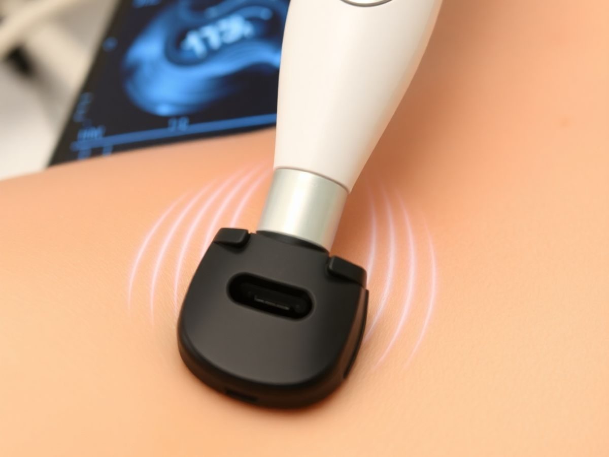 Dispozitiv de ultrasunete aplicat pe piele pentru tratament.