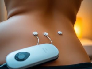 Aparat de electroterapie și electrozi pe spatele unui pacient.