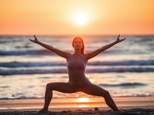 Femeie relaxată practicând yoga pe o plajă la apus.