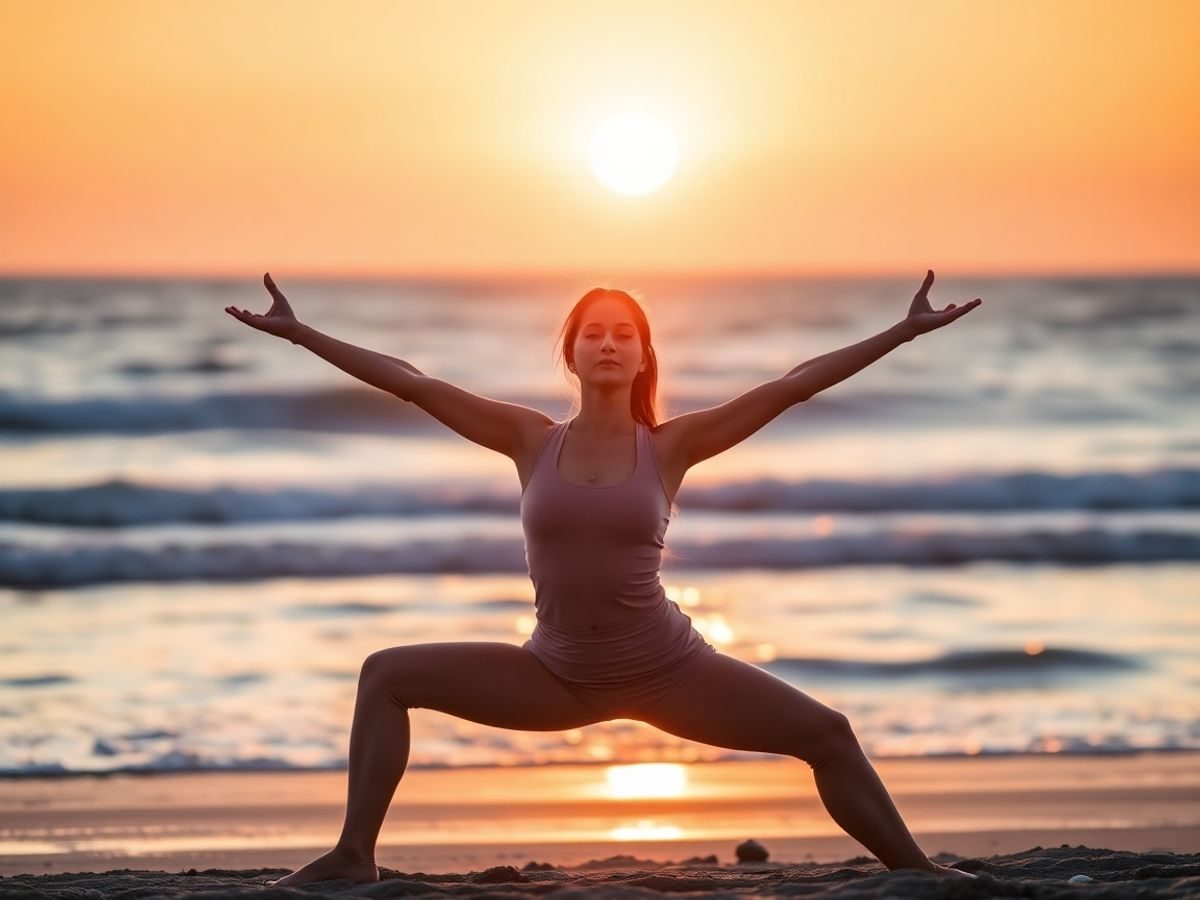 Femeie relaxată practicând yoga pe o plajă la apus.