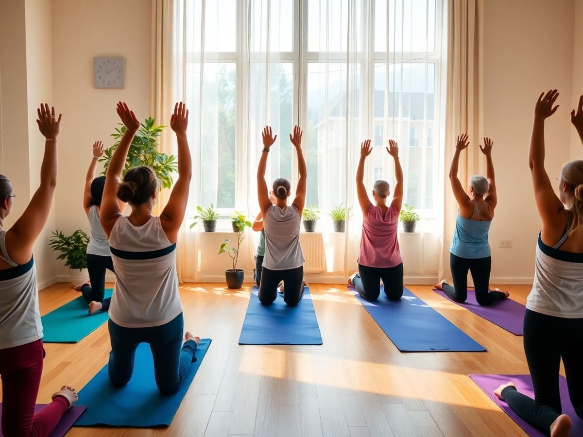 Grup de oameni făcând exerciții de yoga într-un studio luminat