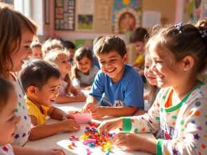 Copii zâmbind în timpul activităților terapeutice.