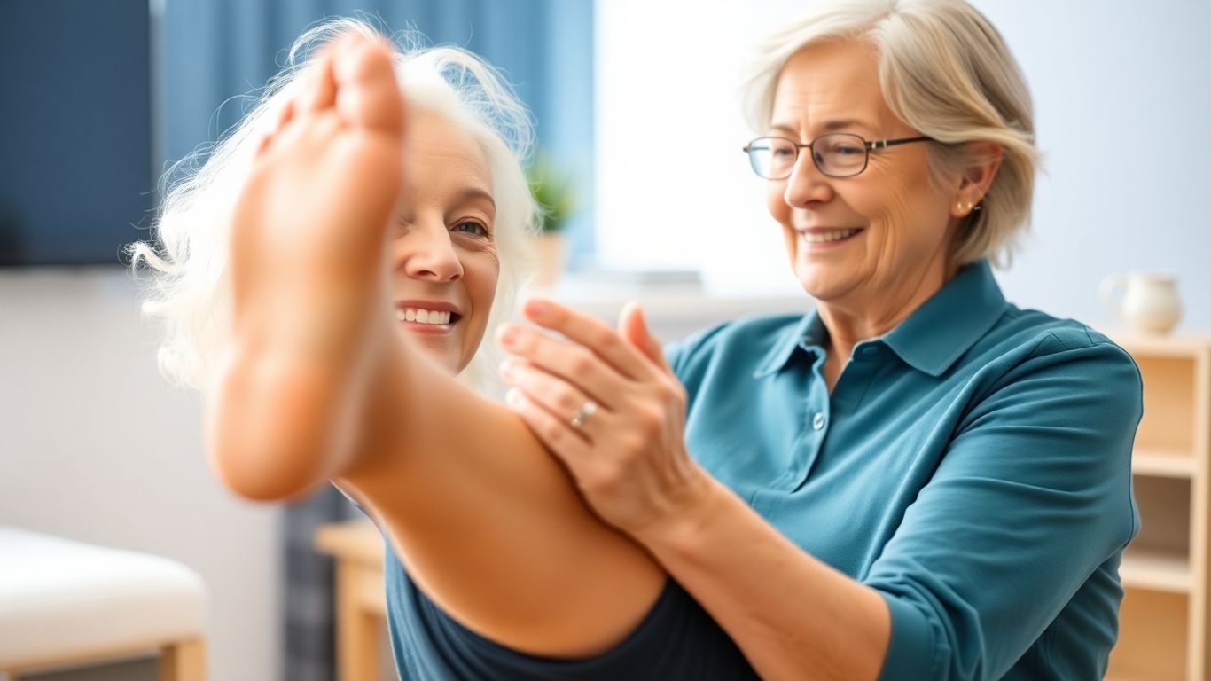 Persoană în vârstă făcând terapie pentru mobilitate.