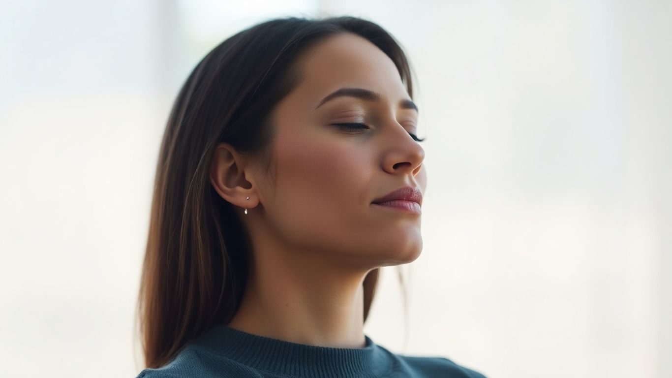 Persoană relaxată practicând exerciții de respirație profundă.