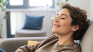 Persoană relaxată pe canapea în timpul terapiei.